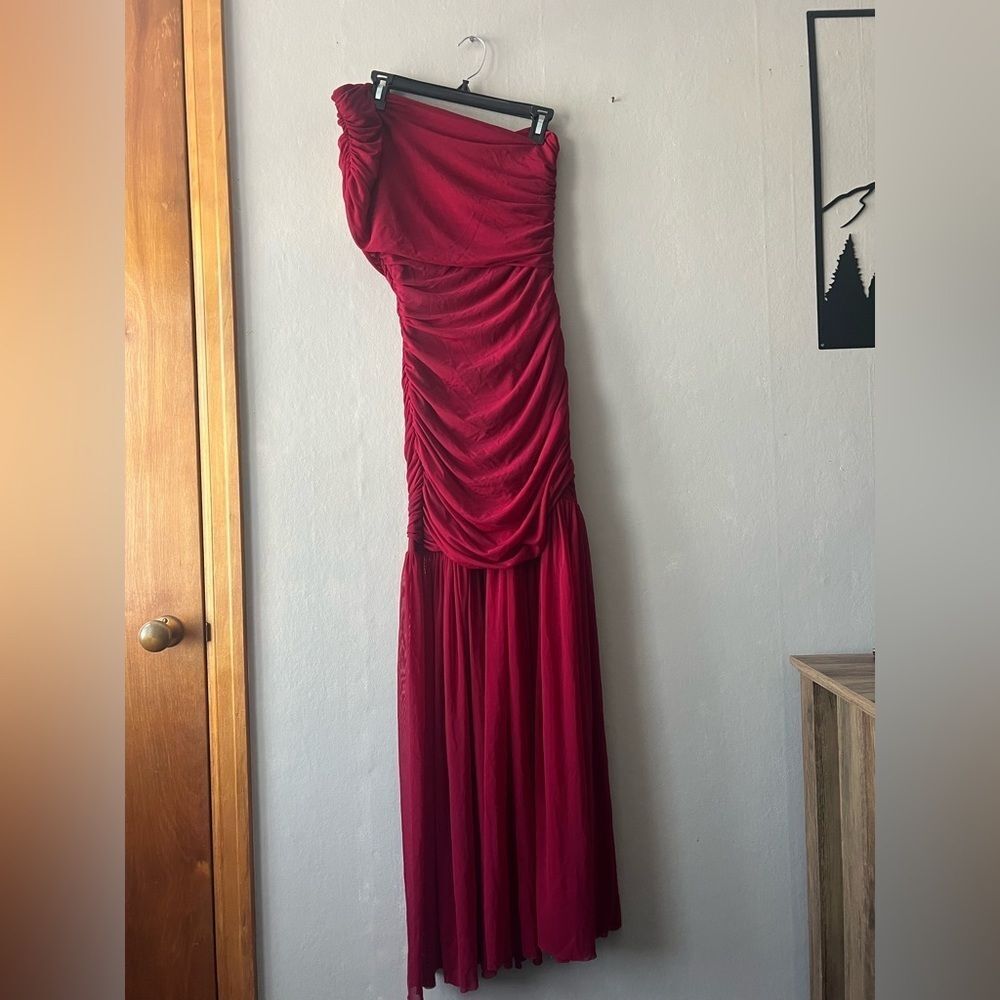 Red One Shoulder Ruched Bodycon Maxi Dress Size Large